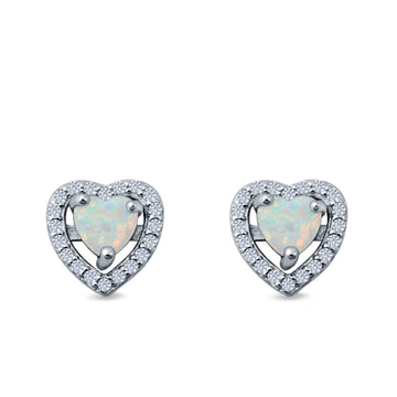 Halo Heart Stud Earrings Lab Created White Opal Simulated CZ 925 Sterling Silver